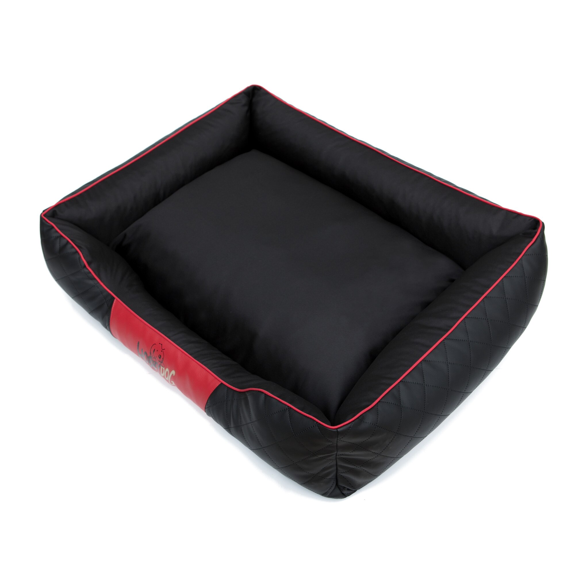 Culcus pentru animale de companie, HobbyDog Imperial Perfect, Negru piele ecologica, Rosu conducte, Marimea 3 - 95x73x23 cm