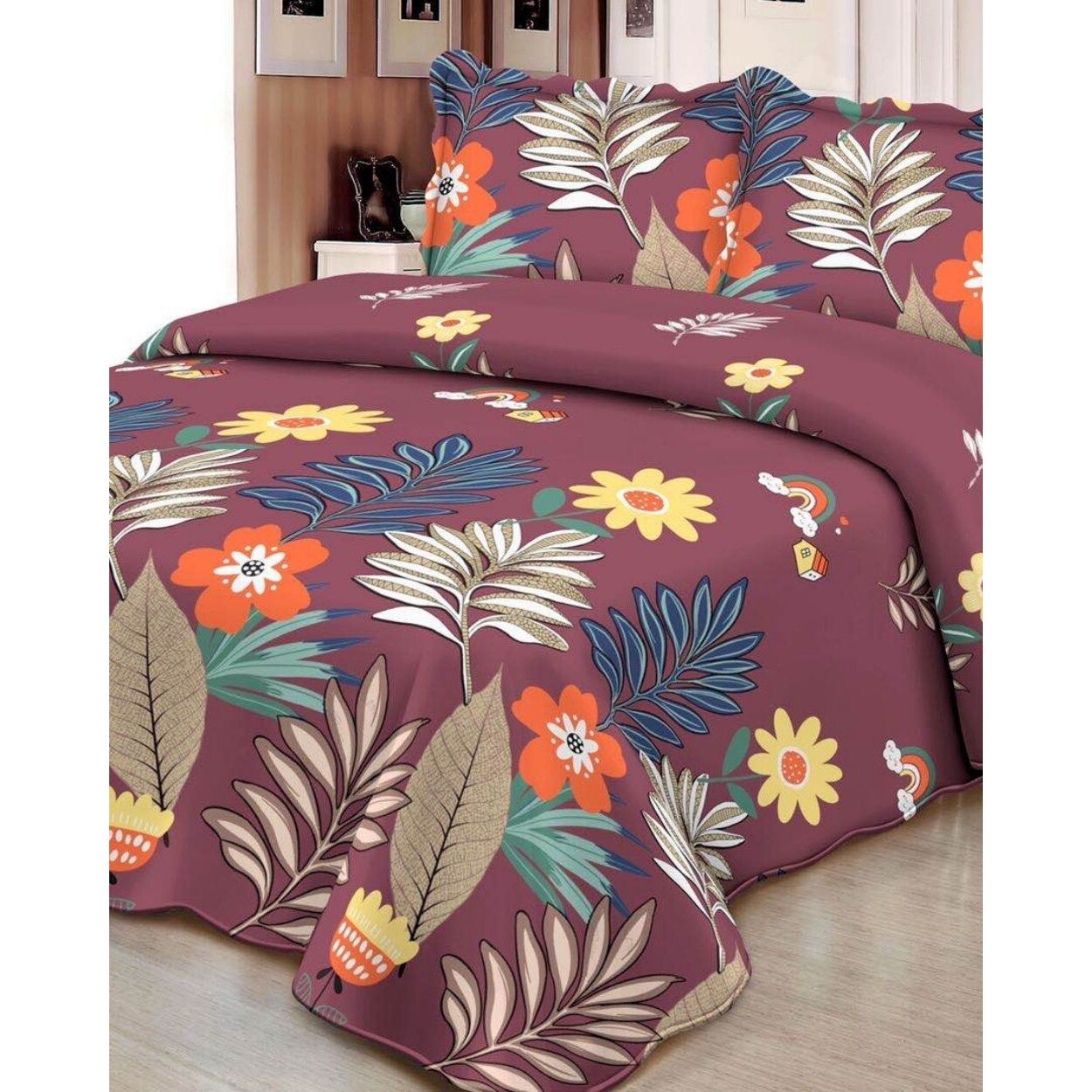 Cuvertura de pat + 2 Fete de Perne, Bumbac Tip Finet, Imprimata, Pat 2 persoane, C04-02