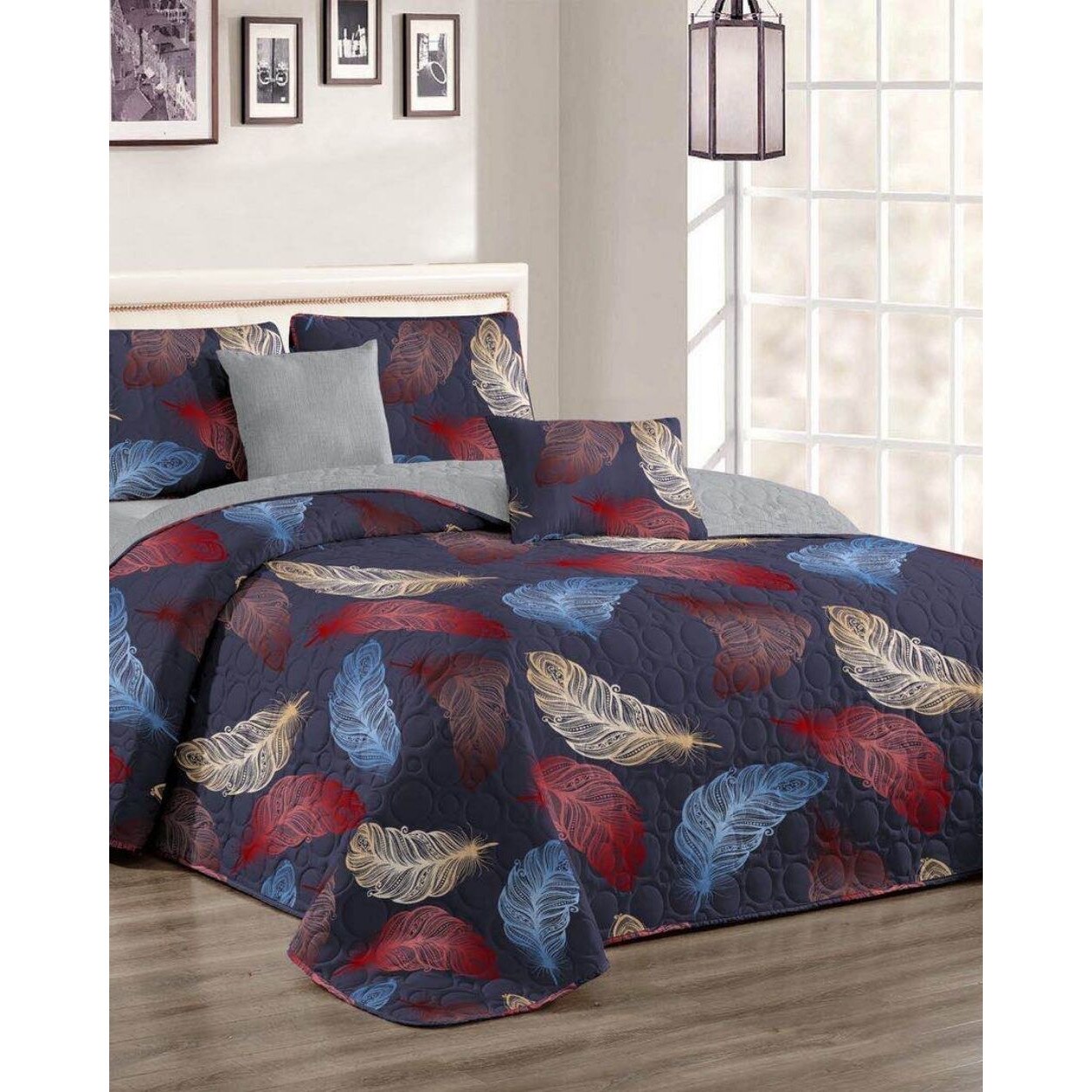 Cuvertura de pat + 2 Fete de Perne, Bumbac Tip Finet, Imprimata, Pat 2 persoane, C04-29