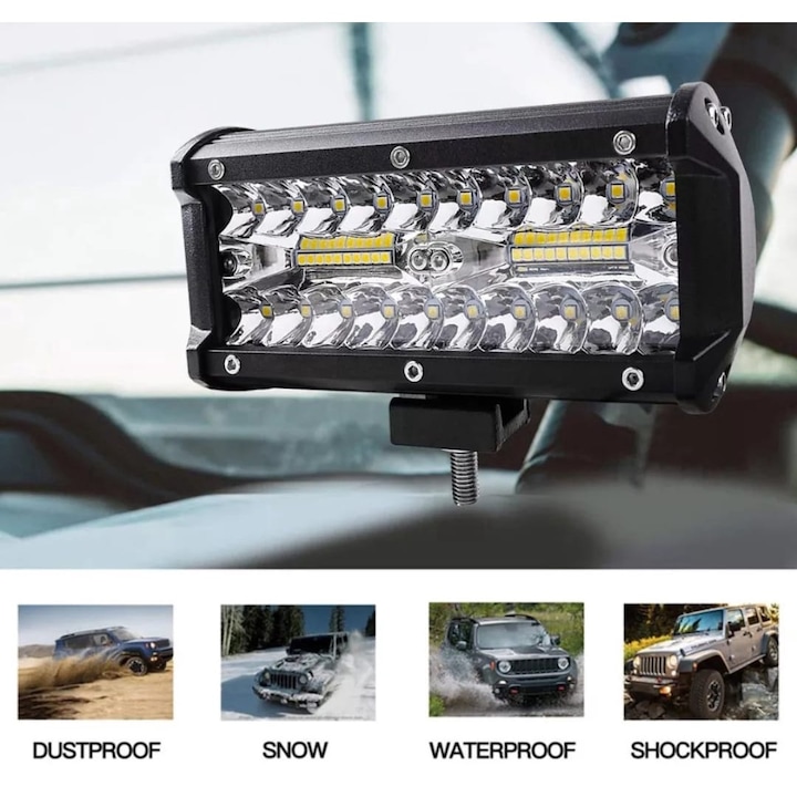 Proiector LED Bar 120W Offroad 16 cm 9600 Lumeni AutoREY® pentru SUV, ATV, Camion si Utilaje, Iluminare Flood, Temperatura Culoare 6000K, Rezistenta Apa IP67, Carcasa din Aluminiu, Durata de Viata 30.000 Ore