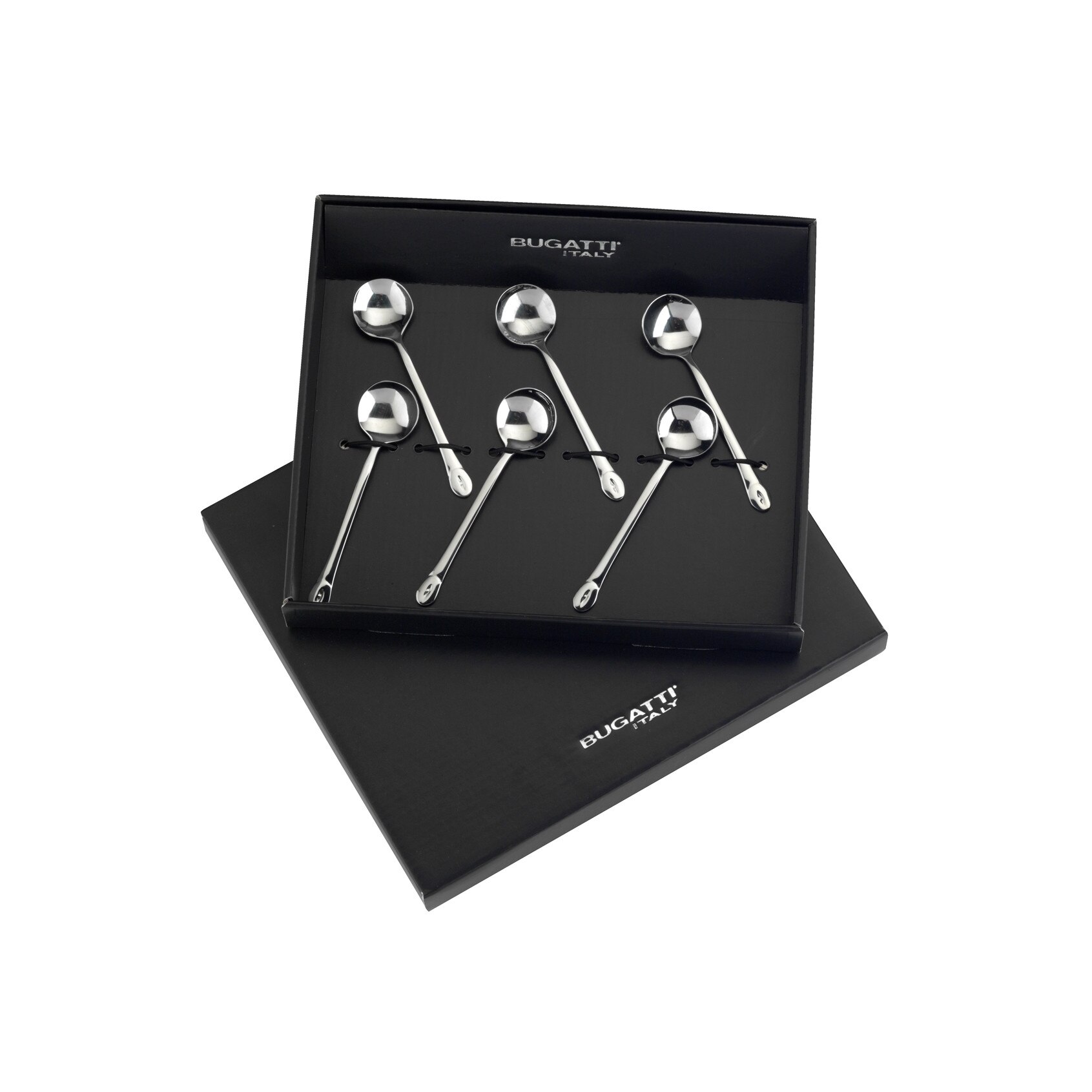 Set 6 lingurite pentru cafea Casa Bugatti, Non Solo Caffe, suprafata oglinda, cutie de prezentare Lux, material premium, finisaj lucios, otel inoxidabil, argintiu