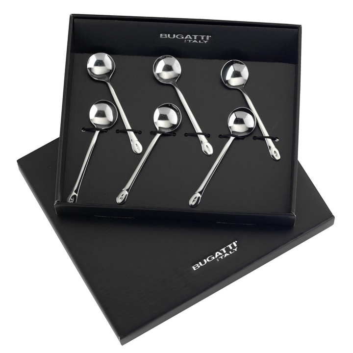 Комплект от 6 лъжички за кафе Casa Bugatti, Non Solo Caffe, огледална повърхност, Lux презентационна кутия, премиум материал, гланцово покритие, неръждаема стомана, сребро