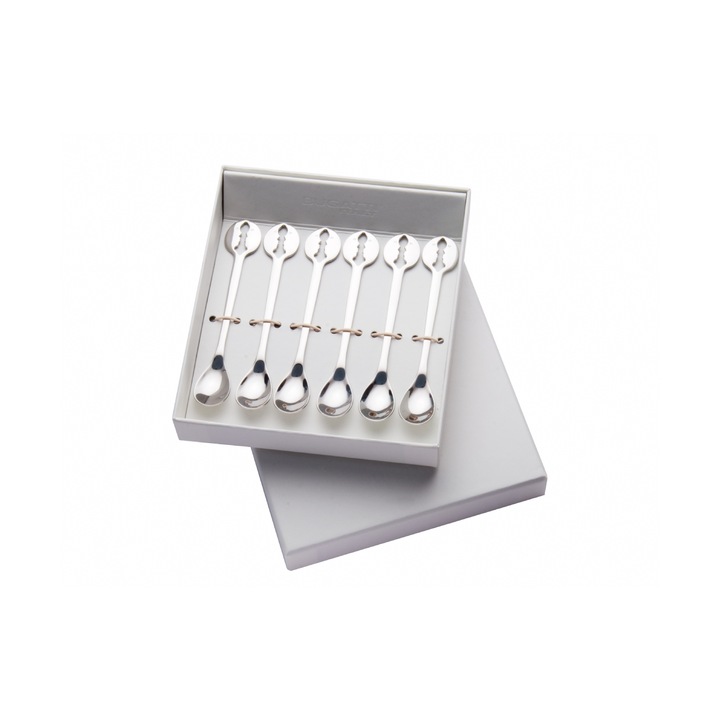 Комплект от 6 лъжички за кафе Casa Bugatti, Kiss, неръждаема стомана, модерен, елегантен дизайн, подаръчна кутия, първокласен материал, гланцово покритие, сребрист