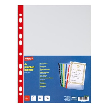 File protectie Staples, A4, cristal, margine color, 75 microni, 25 buc/set File protectie Staples, A4, cristal, margine color, 75 microni, 25 buc/set