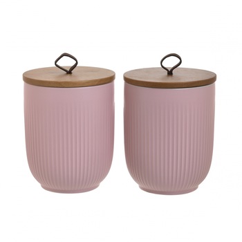 Set 2 recipiente Portelan, capac Bambus, pentru Zahar si Cafea, culoare Roz, diametru 11 cm inaltime 14 cm Set 2 recipiente Portelan, capac Bambus, pentru Zahar si Cafea, culoare Roz, diametru 11 cm inaltime 14 cm
