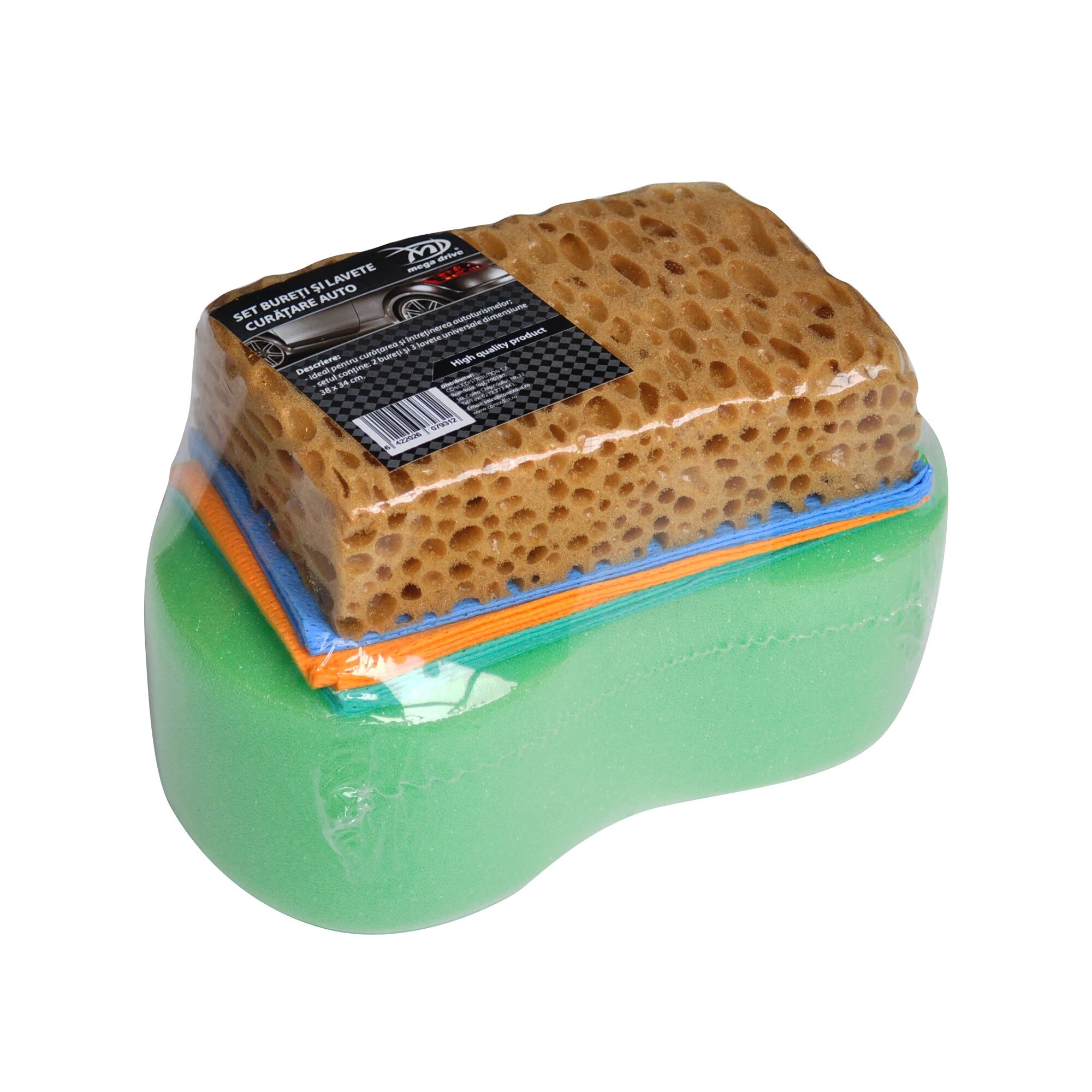Set de 2 bureti si 3 lavete Mega Drive pentru curatare auto