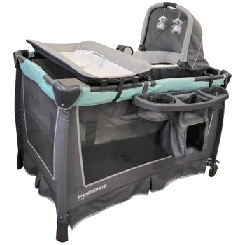 Patut pliant Wunderkid cu 2 nivele, cu leagan, masuta de infasat si cutiuta muzicala, Gri / Bleu Patut pliant Wunderkid cu 2 nivele, cu leagan, masuta de infasat si cutiuta muzicala, Gri / Bleu