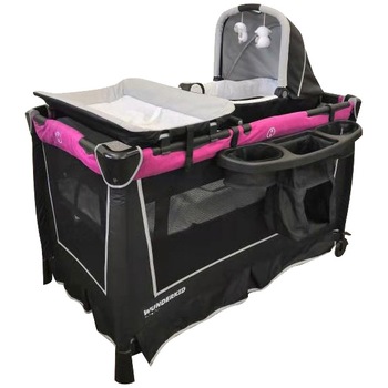 Patut pliant Wunderkid cu 2 nivele, cu leagan, masuta de infasat si cutiuta muzicala, Gri / Mov Patut pliant Wunderkid cu 2 nivele, cu leagan, masuta de infasat si cutiuta muzicala, Gri / Mov