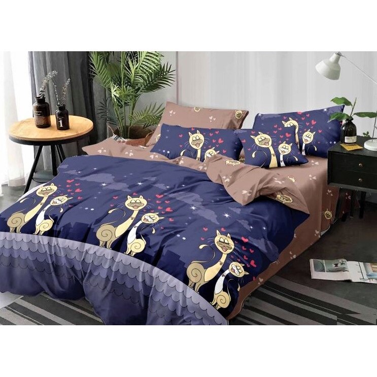Lenjerie de pat cu elastic, bumbac finet, pat dublu, 6 piese, Pisicute