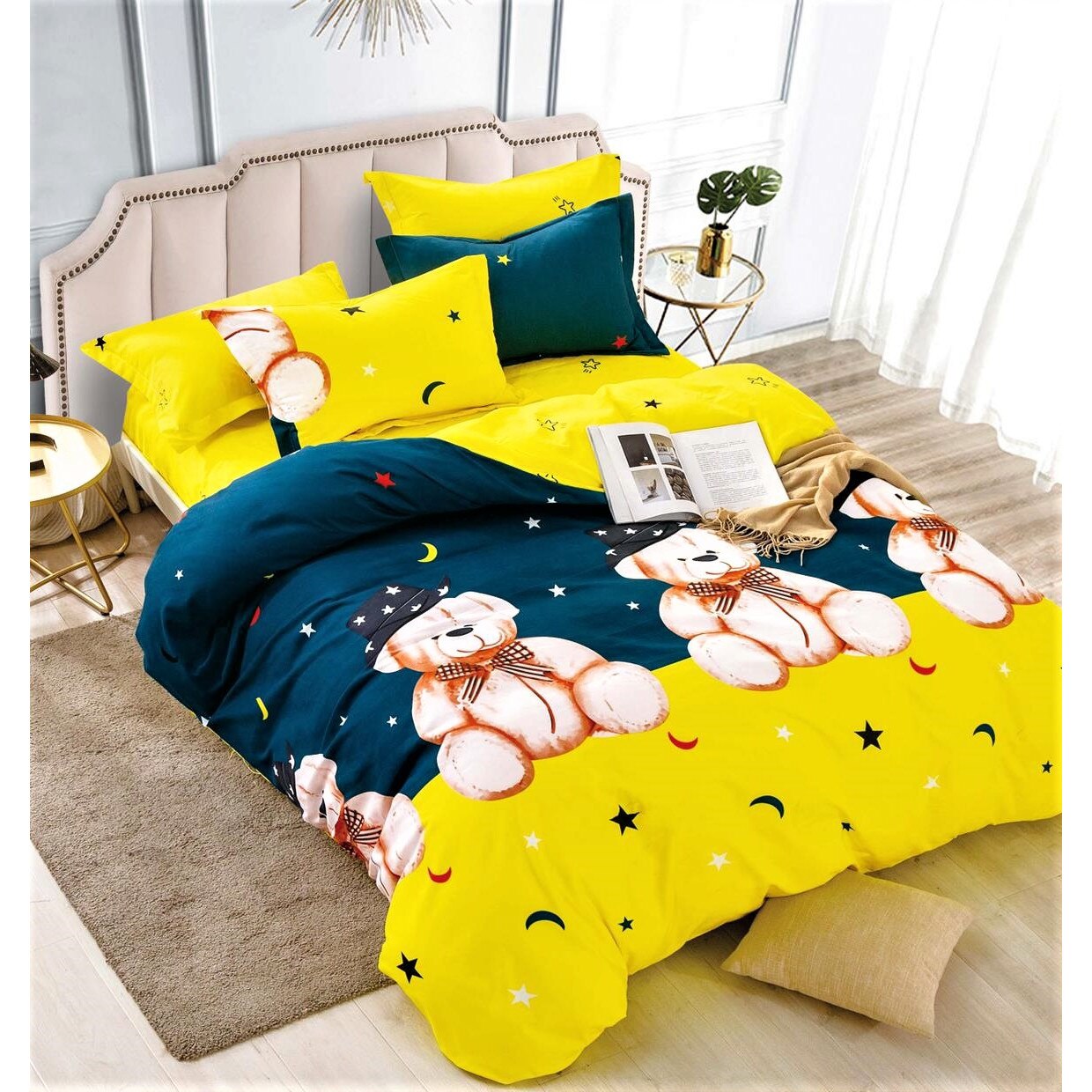 Lenjerie de pat dublu, cearceaf cu elastic, bumbac finet, 6 piese,Teddy Bear