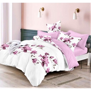 Lenjerie de pat cu elastic, bumbac finet, pat dublu, 6 piese, Flori Mov Lenjerie de pat cu elastic, bumbac finet, pat dublu, 6 piese, Flori Mov