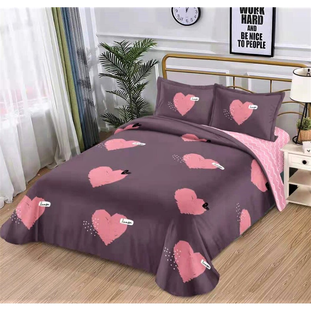 Lenjerie de pat dublu, cearceaf cu elastic, bumbac finet, 4 piese, Love Pink