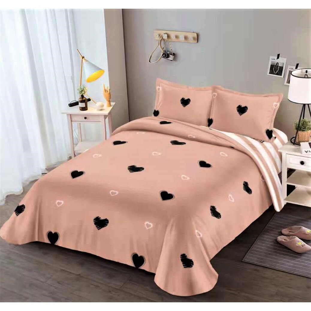 Lenjerie de pat dublu, cearceaf cu elastic, bumbac finet, 4 piese, ROZ cu inimi negre