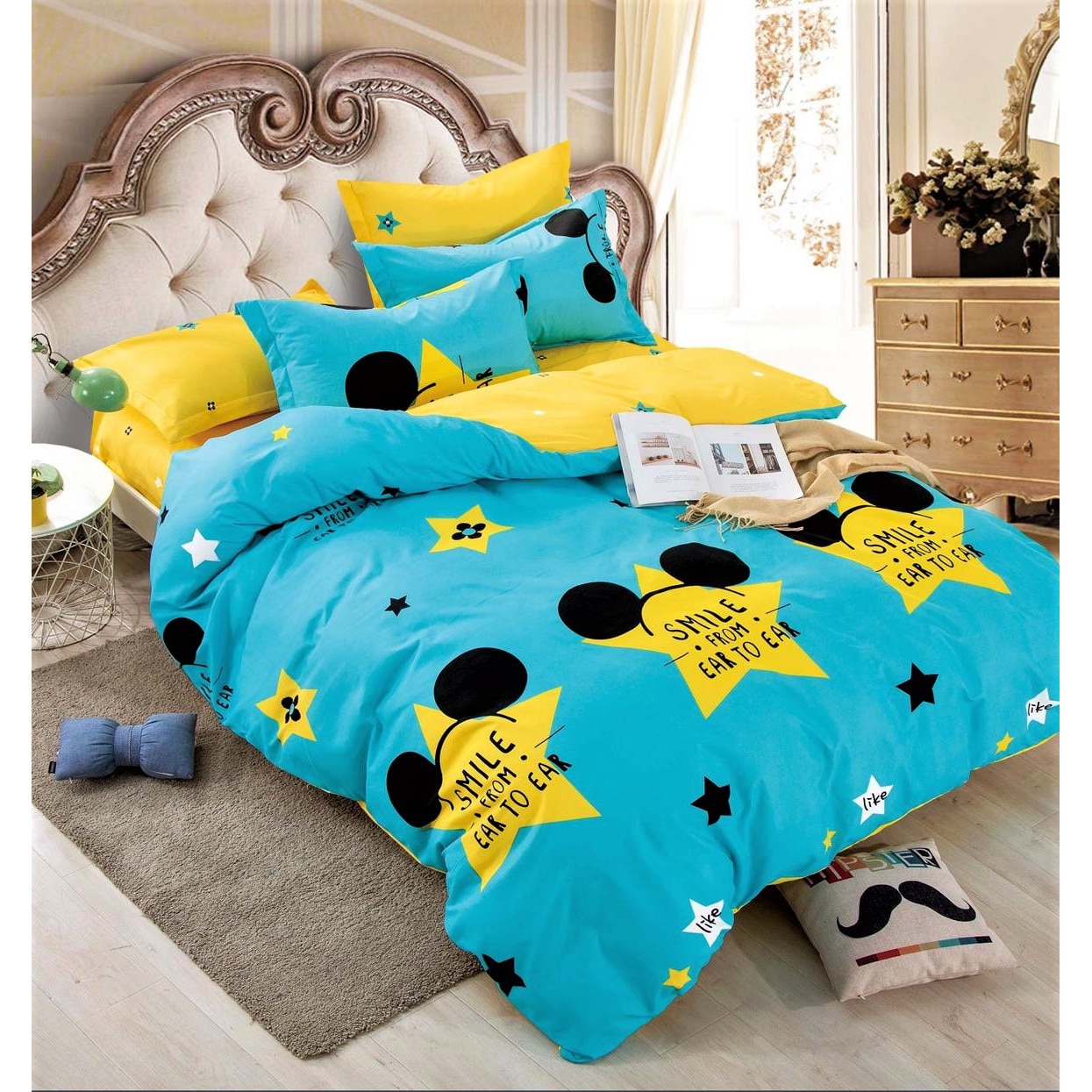 Lenjerie de pat dublu, cearceaf cu elastic, bumbac finet, 6 piese, Stars