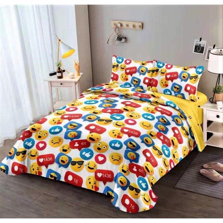 Lenjerie de pat dublu, cearceaf cu elastic, bumbac finet, 4 piese, Emoticons