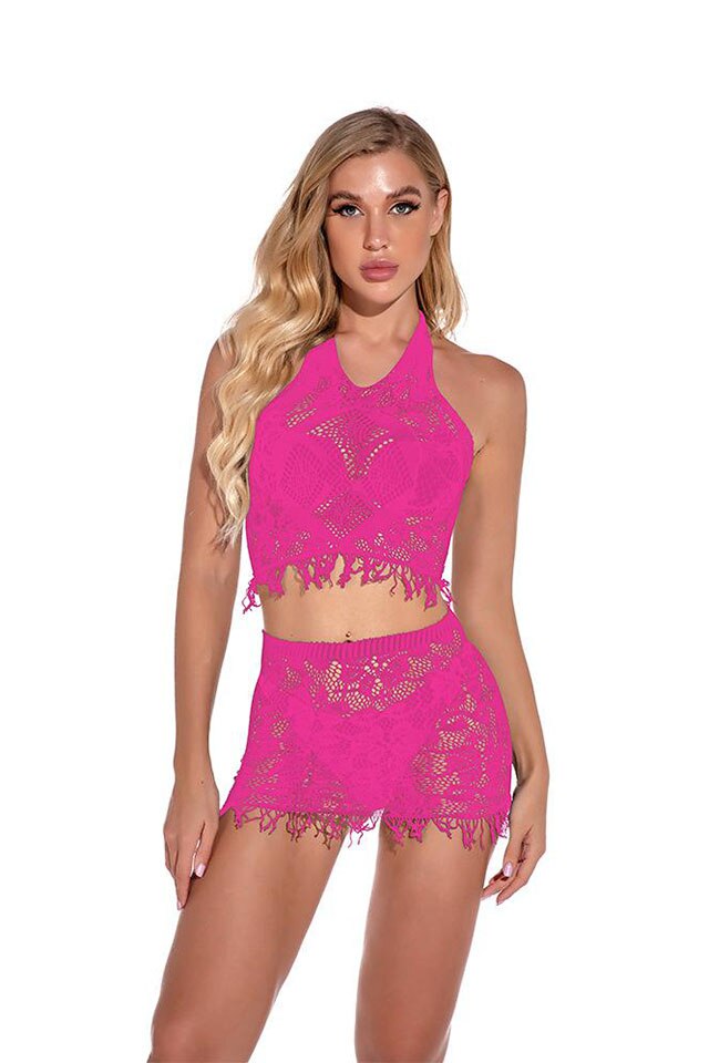 Body set top si fusta, Nylon, Set 2 piese, S-M INTL, Roz, S-M