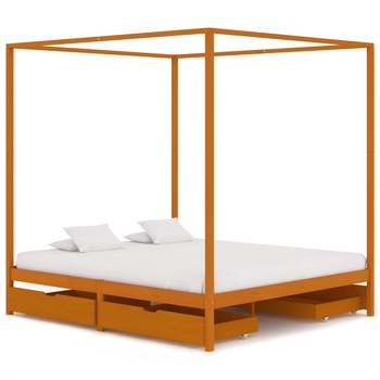 Cadru de pat cu baldachin cu 4 sertare din lemn masiv de pin, vidaXL, Lemn, 180 x 200 cm, Maro deschis Cadru de pat cu baldachin cu 4 sertare din lemn masiv de pin, vidaXL, Lemn, 180 x 200 cm, Maro deschis