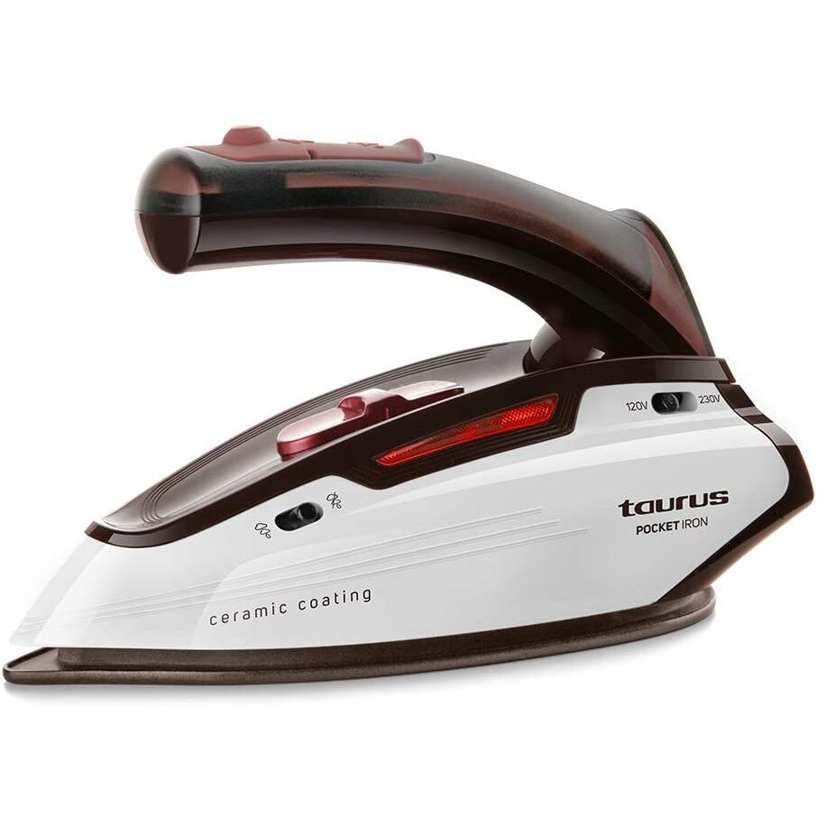 Fier de calcat de voiaj Taurus Poket Iron, 1150W, 45g/min, bivoltaj, maner pliabil,calcare verticala, talpa ceramica, anticalcar, termostat, perie,Alb/Visiniu