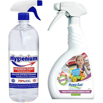 Set 1 x Solutie dezinfectanta maini, HYGIENIUM, Virucid, 1000ml + 1 x Spray dezinfectant virucid, HUWA-SAN MULTIPURPOSE KIDS, Ecologic, 500ml Set 1 x Solutie dezinfectanta maini, HYGIENIUM, Virucid, 1000ml + 1 x Spray dezinfectant virucid, HUWA-SAN MULTIPURPOSE KIDS, Ecologic, 500ml