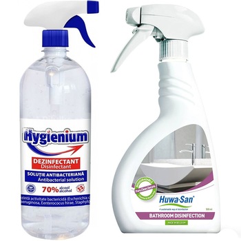 Set 1 x Solutie dezinfectanta maini, HYGIENIUM, Virucid, 1000ml + 1 x Spray dezinfectant virucid baie, HUWA-SAN BATHROOM, Biodegradabil, 500ml Set 1 x Solutie dezinfectanta maini, HYGIENIUM, Virucid, 1000ml + 1 x Spray dezinfectant virucid baie, HUWA-SAN BATHROOM, Biodegradabil, 500ml