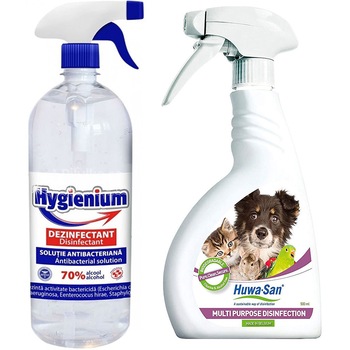 Set 1 x Solutie dezinfectanta maini, HYGIENIUM, Virucid, 1000ml + 1 x Spray universal dezinfectant virucid, HUWA-SAN MULTIPURPOSE PETS, 500ml Set 1 x Solutie dezinfectanta maini, HYGIENIUM, Virucid, 1000ml + 1 x Spray universal dezinfectant virucid, HUWA-SAN MULTIPURPOSE PETS, 500ml