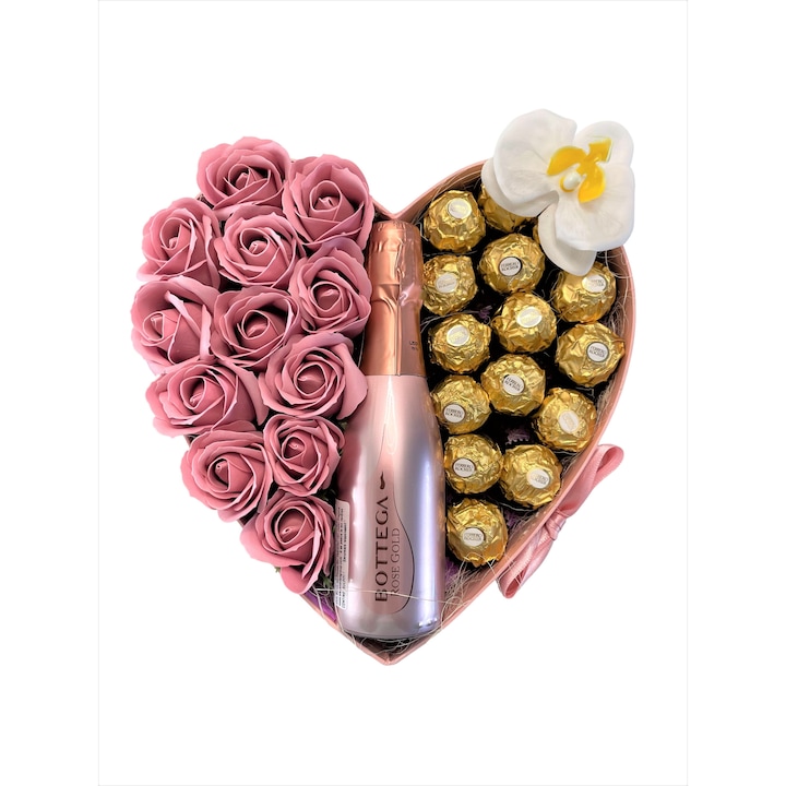 Szív alakú doboz, ChocoBox, Gold Box, Bottega Gold Rose pezsgőt, Fererro Rocher pralinét és rózsákat tartalmaz
