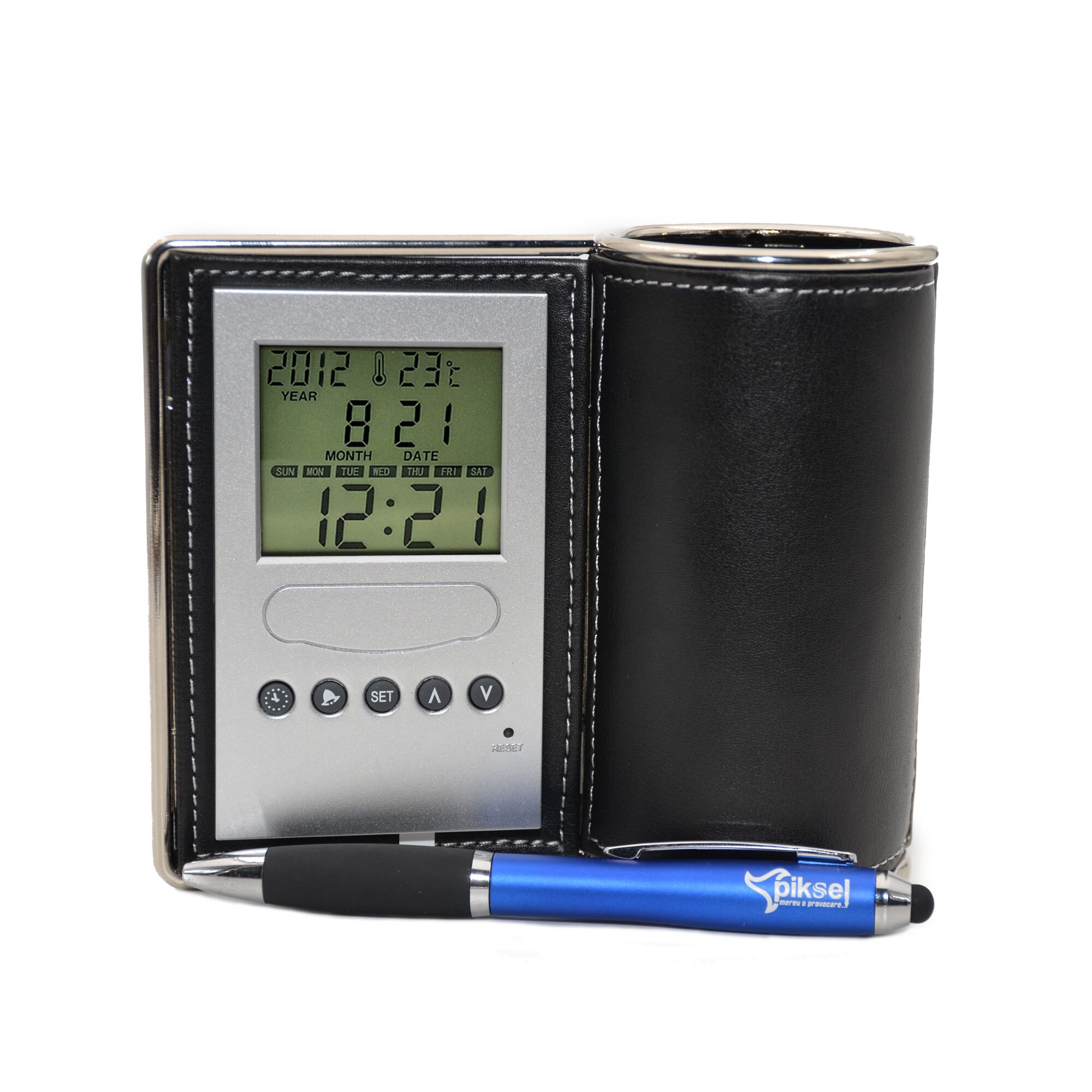 Statie meteo de birou cu ceas, alarma, suport pixuri si Stylus pen Piksel
