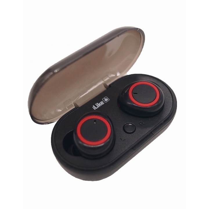 ILike IBE01 Fülhallgató, vezeték nélküli, Bluetooth 5.0, IPX4, Extra Bass, töltőtok, fekete / piros