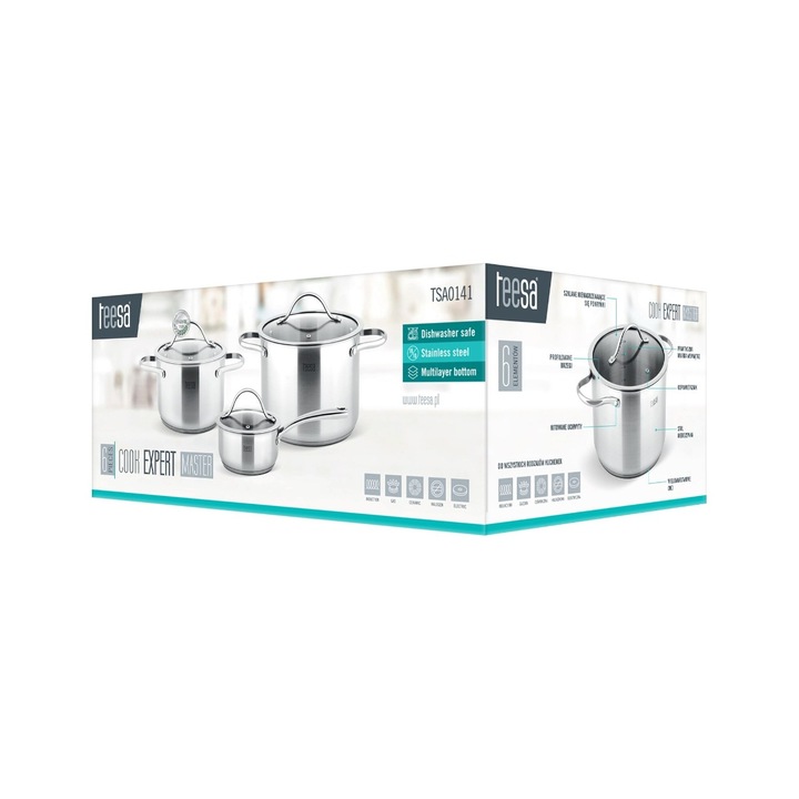 Rozsdamentes acél edények, 3 edényes tömör szett, Teesa COOK EXPERT MASTER