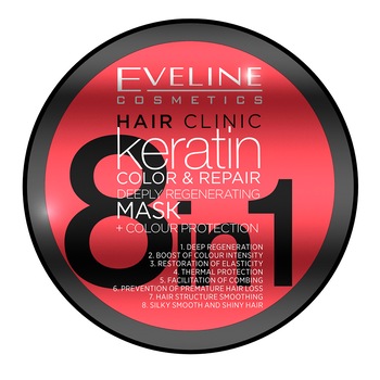 Masca pentru par, Eveline Cosmetics, 8 in 1 Hair Clinic keratin color & repair, 500 ml Masca pentru par, Eveline Cosmetics, 8 in 1 Hair Clinic keratin color & repair, 500 ml