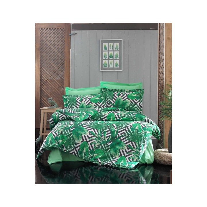 Спално бельо, памук ранфорс, десен зелени листа, 2 лица, 70X70, 220X200, 4 части