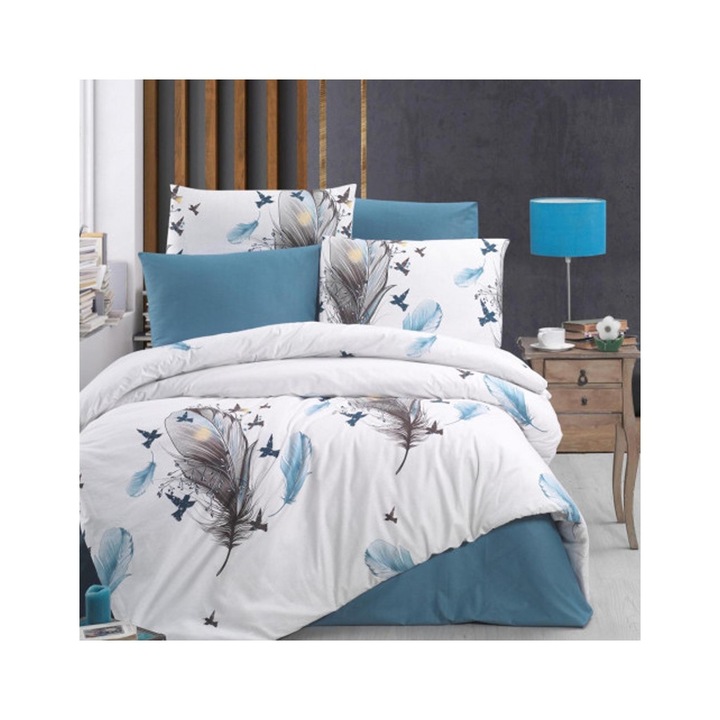 Спално бельо, памук ранфорс, модел Birds Blue, 2 лица, 70X70, 200X200, 4 части