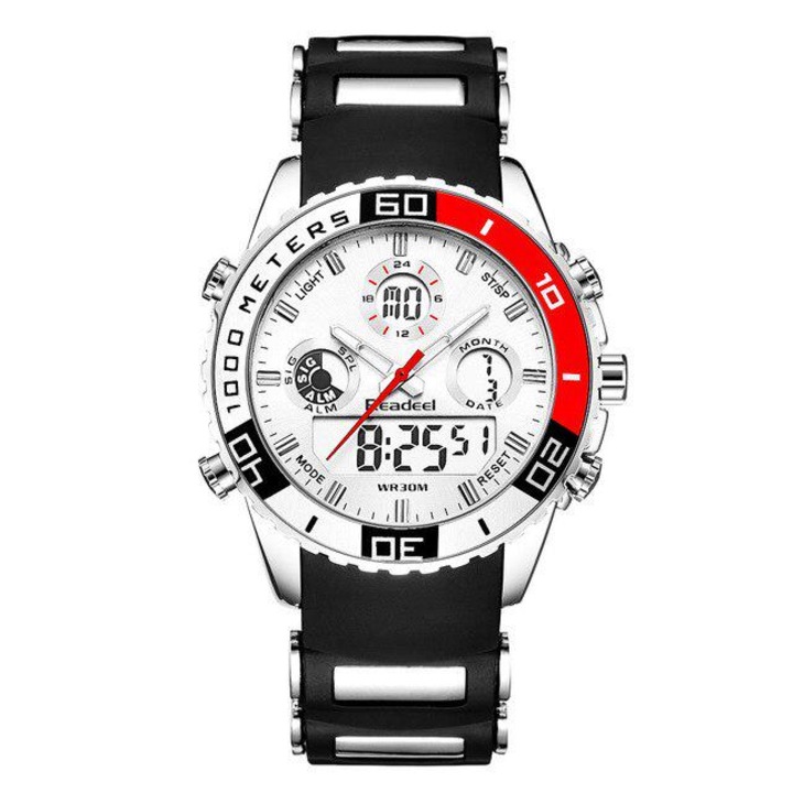 Ceas pentru barbati Readeel, Impermeabil, Digital, Timer, Fus orar dublu, Negru/ Argintiu