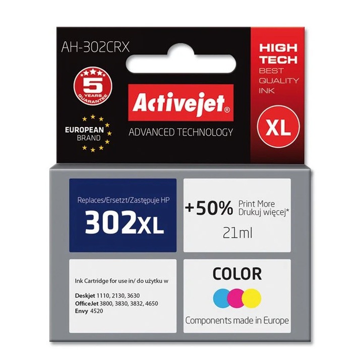 Cartus compatibil HP 302 XL Color pentru HP, 21 ml, Premium Activejet, Garantie 5 ani