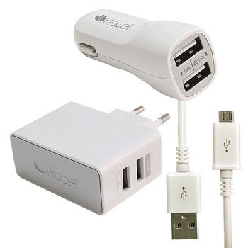 Incarcator retea si auto Procell, Dual USB, 2.1 A, cablu MicroUSB Incarcator retea si auto Procell, Dual USB, 2.1 A, cablu MicroUSB