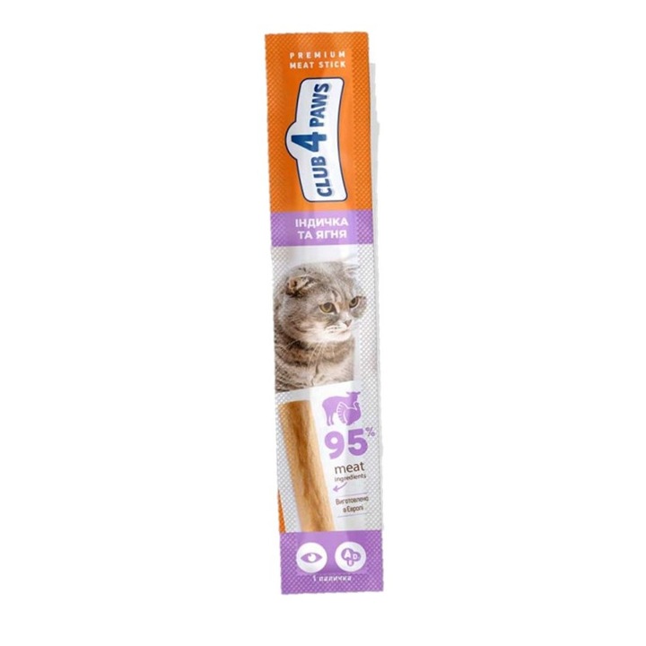 Храна лакомство за котки Club 4 Paws Premium Sticks, патешко и агнешко месо 95%, 5 гр