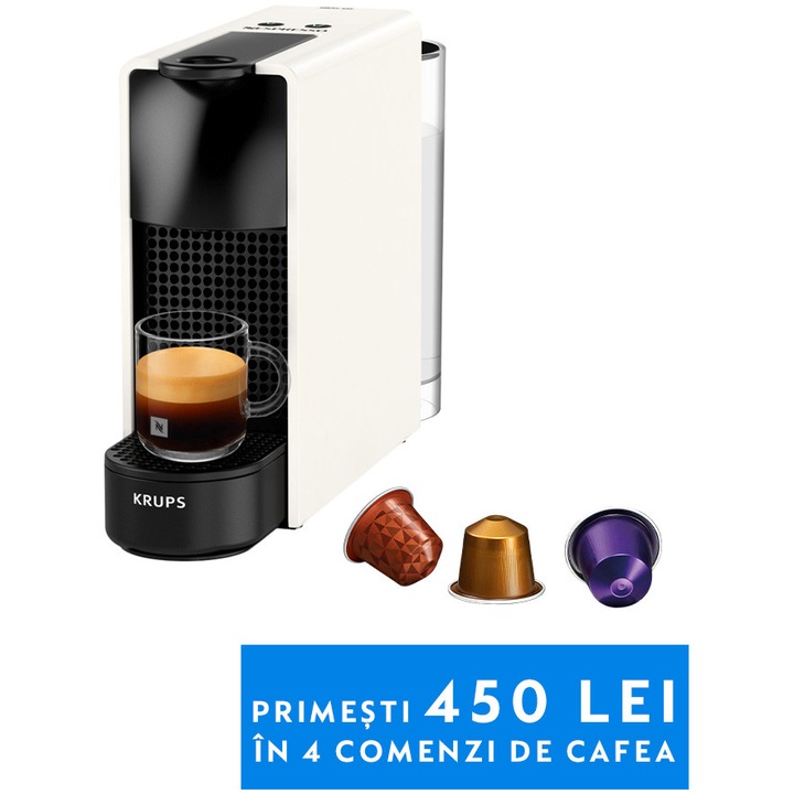 Espressor KRUPS cu capsule Nespresso Essenza Mini XN110110, 1260W, 19 Bar, 0.6L, Alb + set capsule degustare