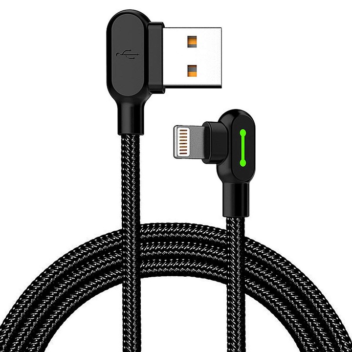 Cablu de incarcare si sincronizare pentru iPhone, 90 de grade, Lightning, Gaming, 183 cm, 2A, Nailon impletit, Negru