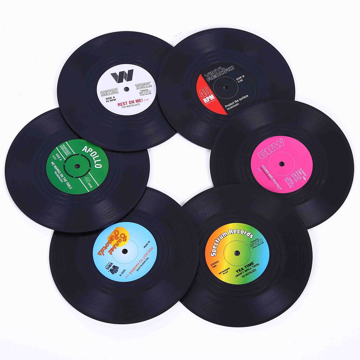 Set 6 suporturi pahare, Retro CD, Record Vinyl Coasters, 105 g, ABS/EVA, Negru
