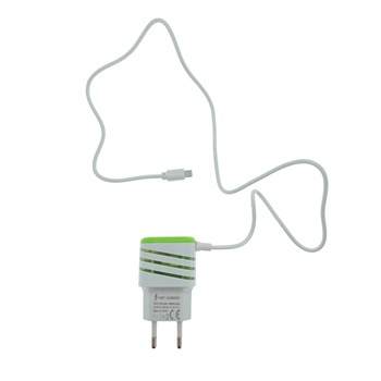 Incarcator la priza Euro, 2 porturi USB, DC 5V 3.1A, si cablu 70 cm cu conector microUSB, alb cu verde Incarcator la priza Euro, 2 porturi USB, DC 5V 3.1A, si cablu 70 cm cu conector microUSB, alb cu verde