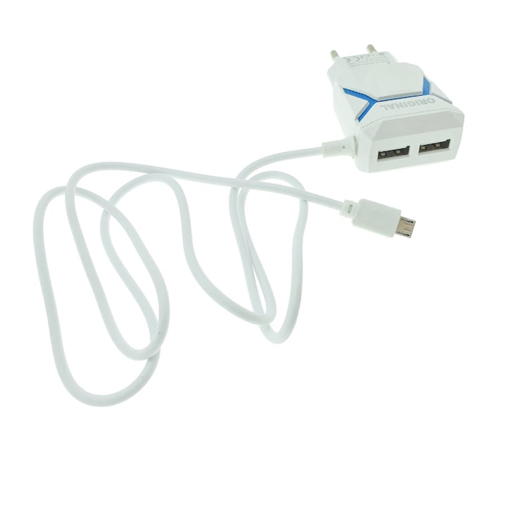 Зарядно устройство с евро контакт, 2 USB порта, DC 5V 3.1A и 85 см кабел с microUSB конектор, бяло със синьо