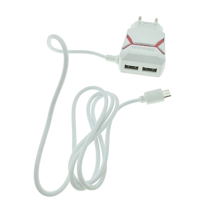 Зарядно устройство с евро контакт, 2 USB порта, DC 5V 3.1A и 85 см кабел с microUSB конектор, бяло с червено