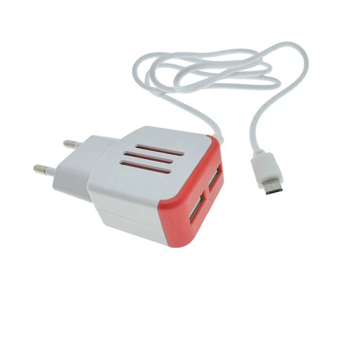Зарядно устройство с евро контакт, 2 USB порта, DC 5V 3.1A, LED, кабел 85 см с microUSB конектор, бяло с червено