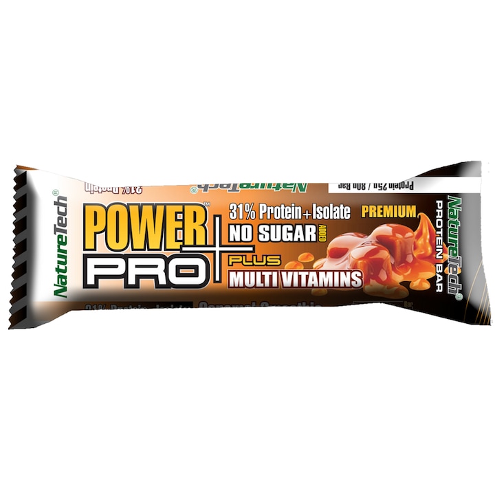 Baton energizant Power PRO Plus 31% proteina, fara zahar, cu multivitamine, cu aroma de caramel, Nature Tech, 80 grame