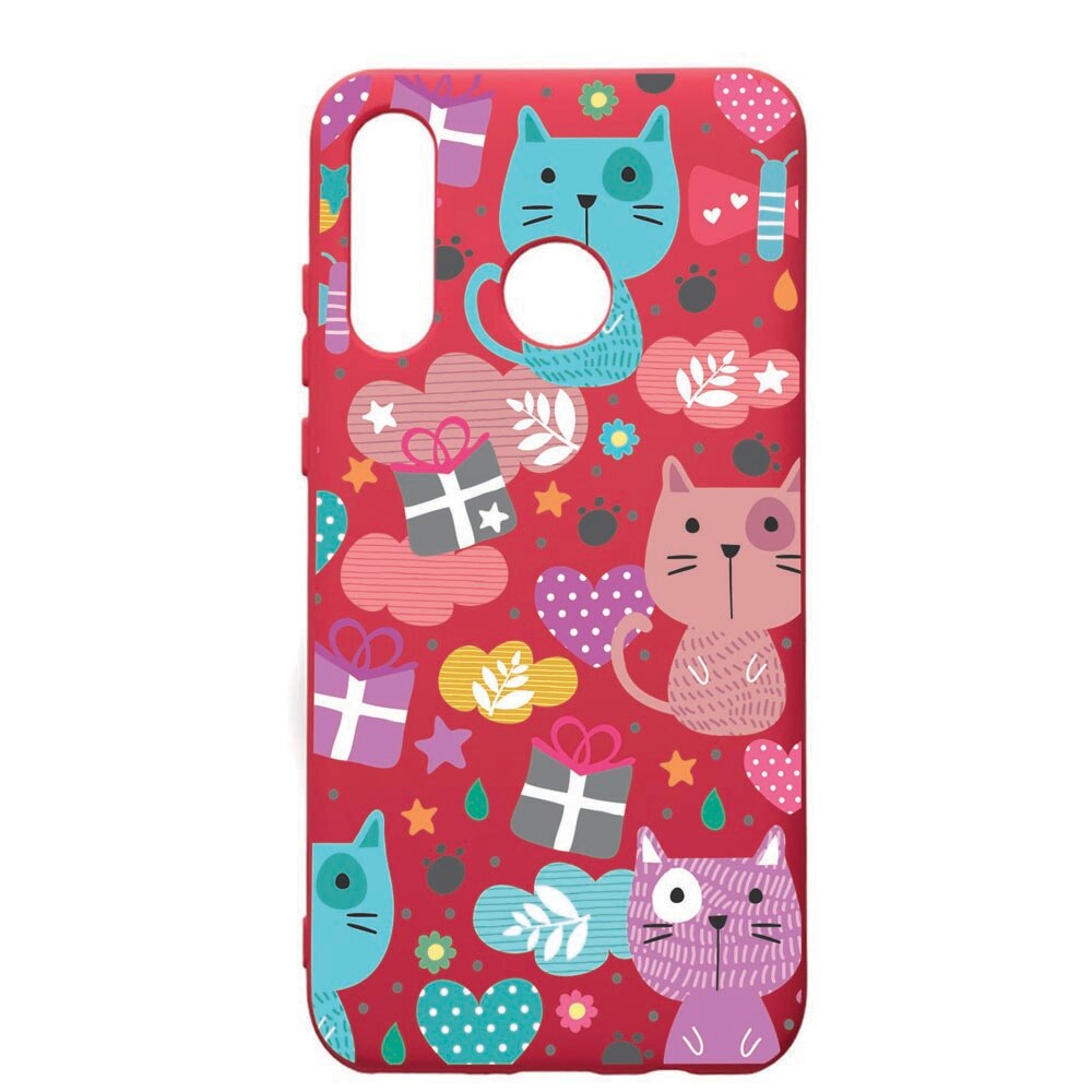 Husa de protectie Huawei P30 Lite, Lovely Cat, silicon, cu interiorul din material textil, protectie camera, Maroon, PM41