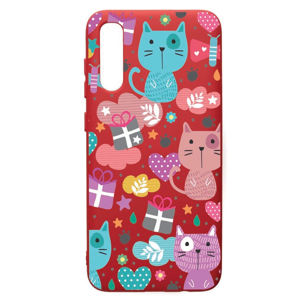 Husa de protectie Samsung Galaxy A50, Lovely Cat, silicon, cu interiorul din material textil, protectie camera, Red, PR41