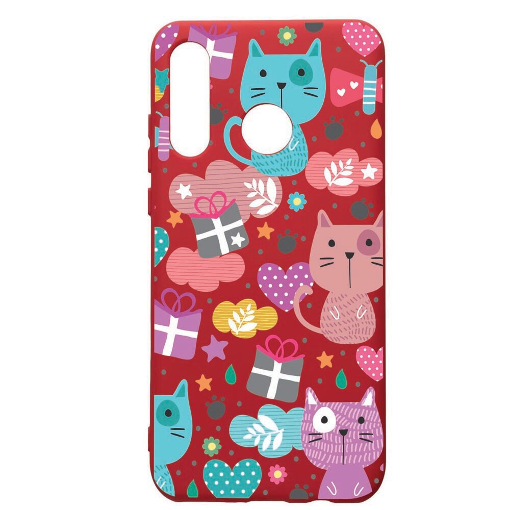 Husa de protectie Huawei P30 Lite, Lovely Cat, silicon, cu interiorul din material textil, protectie camera, Red, PR41
