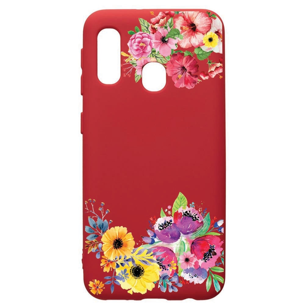 Husa de protectie Samsung Galaxy A40, Flower, silicon, cu interiorul din material textil, protectie camera, Red, PR56