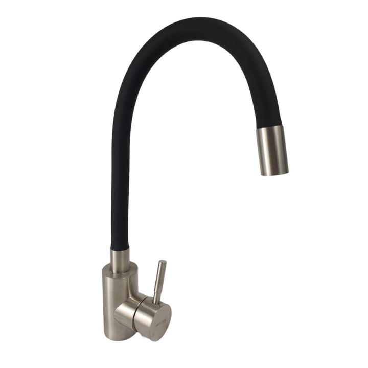 Смесител за кухня MIXXUS SUS-011 REFL. ЧЕРЕН, Гъвкава гумена тръба, Корпус от неръждаема стомана, Единично управление, Включени връзки