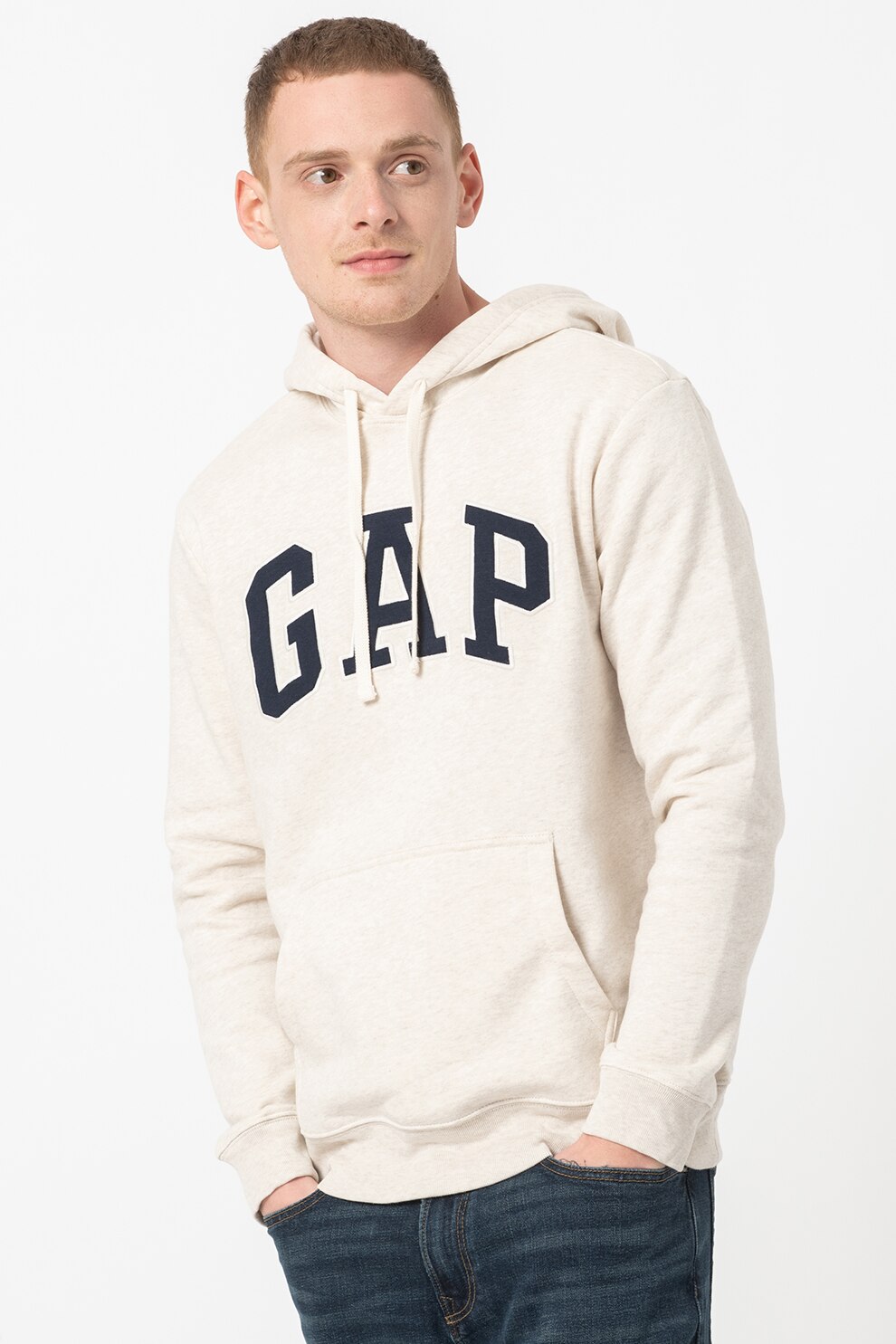 GAP, Hanorac cu imprimeu si buzunar kangaroo, Maro deschis melange/Bleumarin, 2XL
